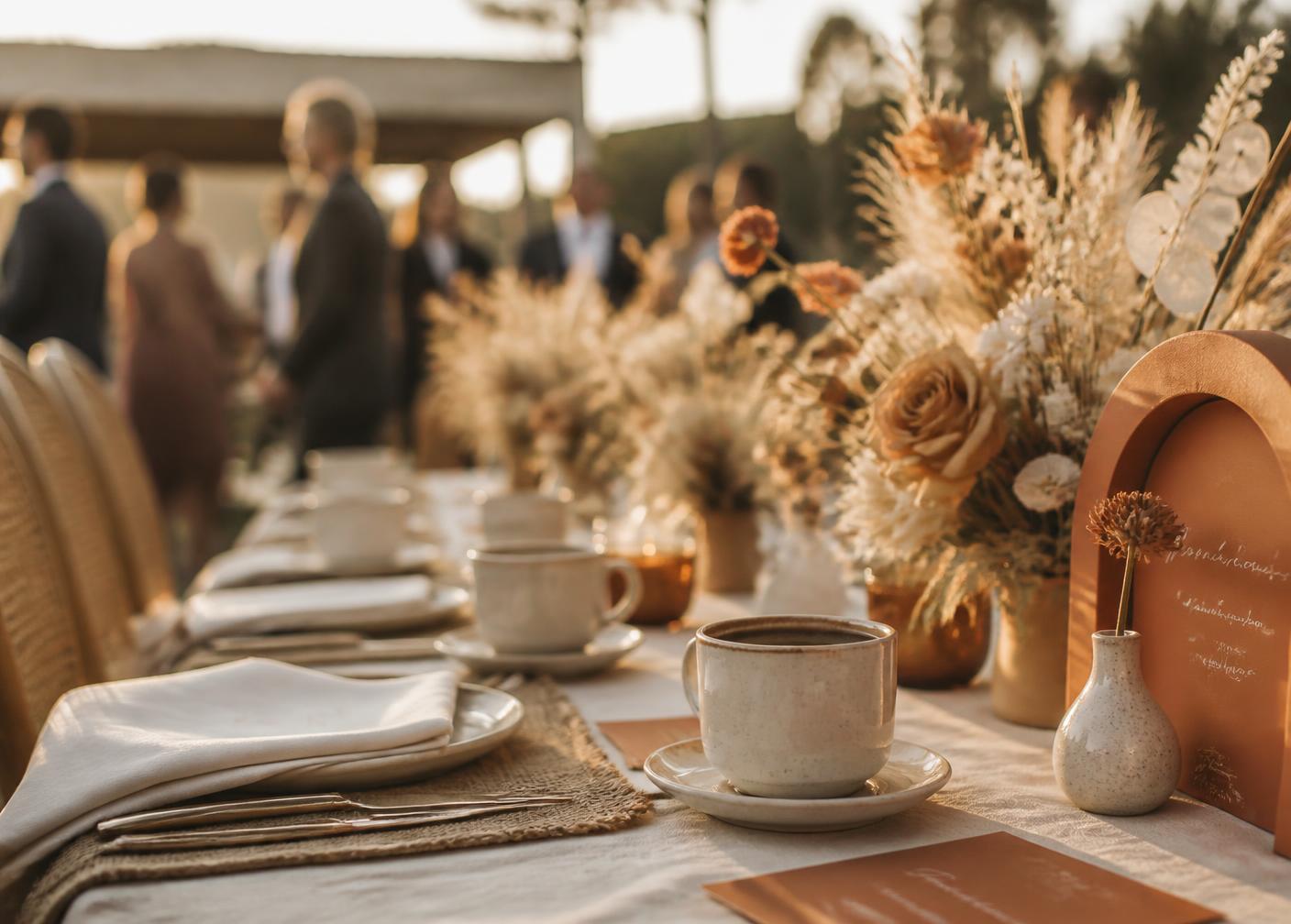 Elegant event table set with cream coffee cups at golden hour